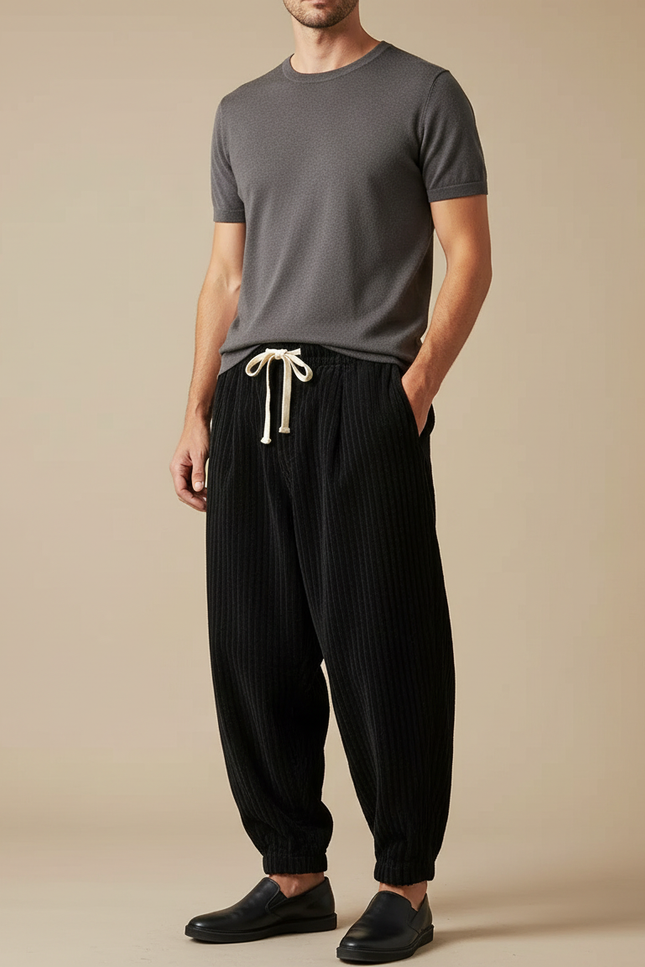 Pantalon Japonais Noir Côtelé Ample Cordon Décontracté - Cordé