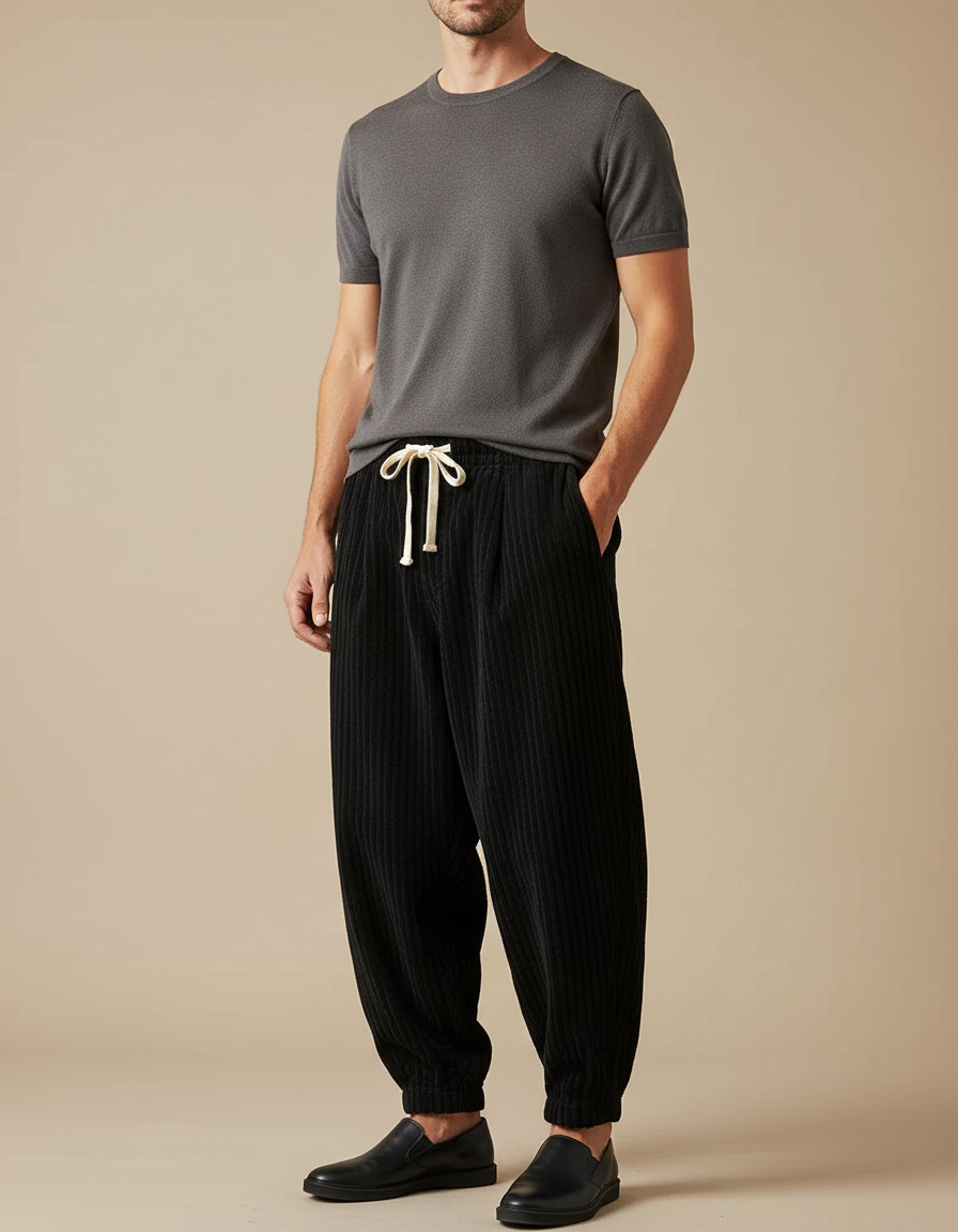 Pantalon Japonais Noir Côtelé Ample Cordon Décontracté - Cordé