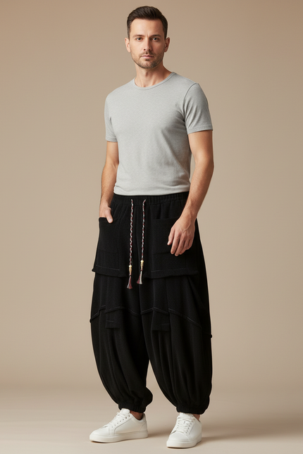 Pantalon Japonais Noir Côtelé Ample Plissé Décontracté - Cordé