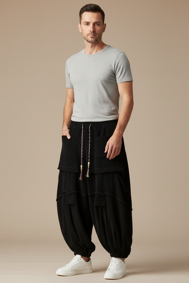 Pantalon Japonais Noir Côtelé Ample Plissé Décontracté - Cordé
