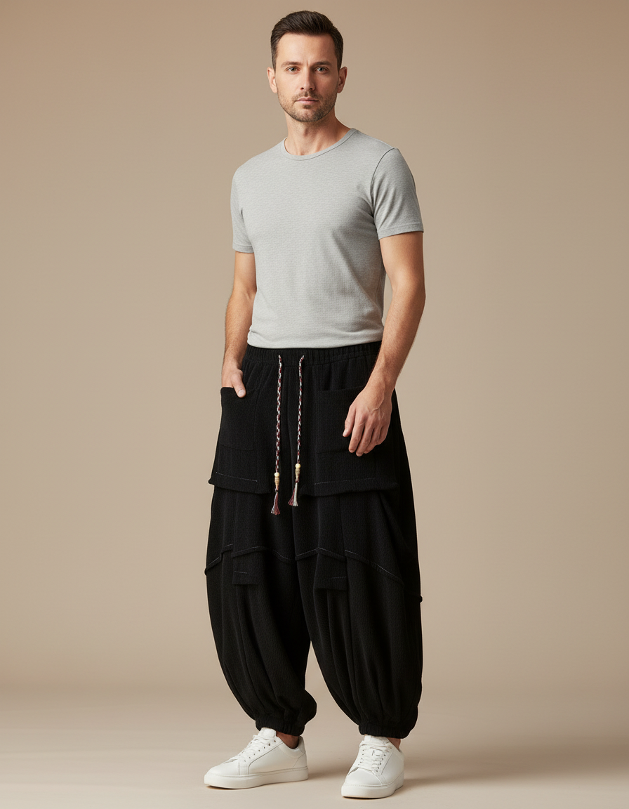 Pantalon Japonais Noir Côtelé Ample Plissé Décontracté - Cordé