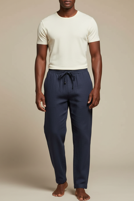 Pantalon Japonais Bleu Marine Lin Ample Décontracté Cordon