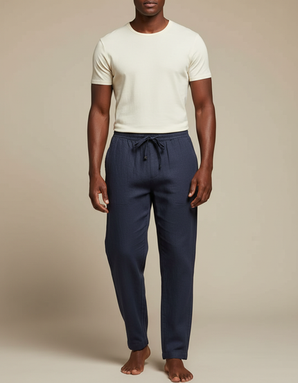 Pantalon Japonais Bleu Marine Lin Ample Décontracté Cordon