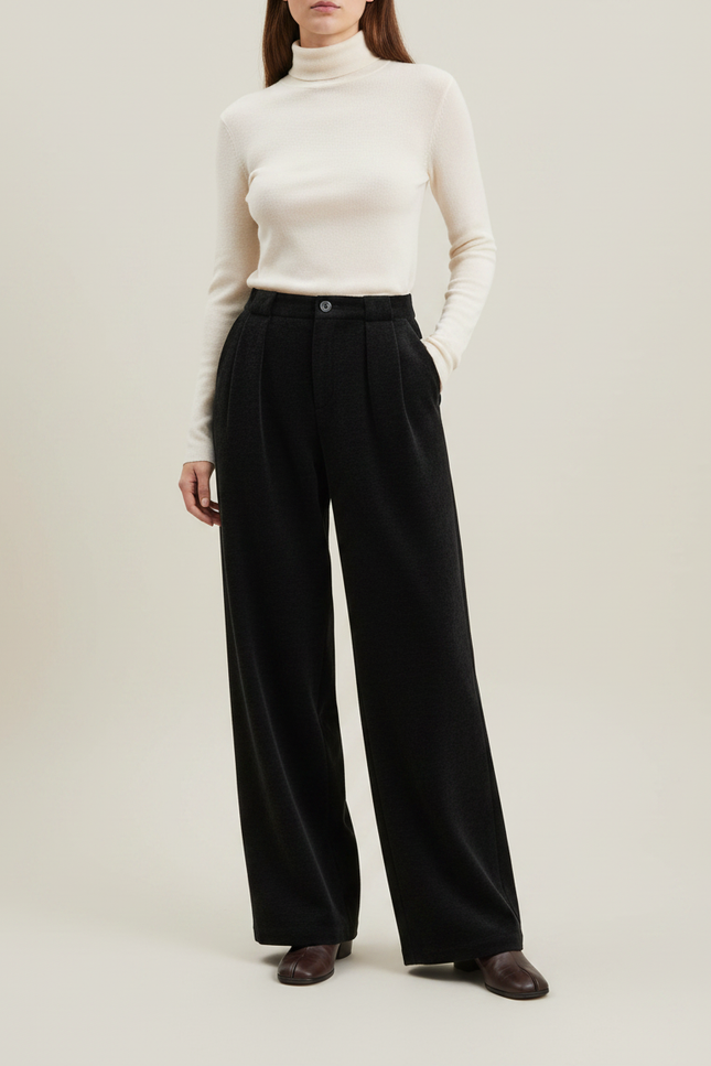 Pantalon Japonais Noir Large Plissé Élégant Fluide - Laine