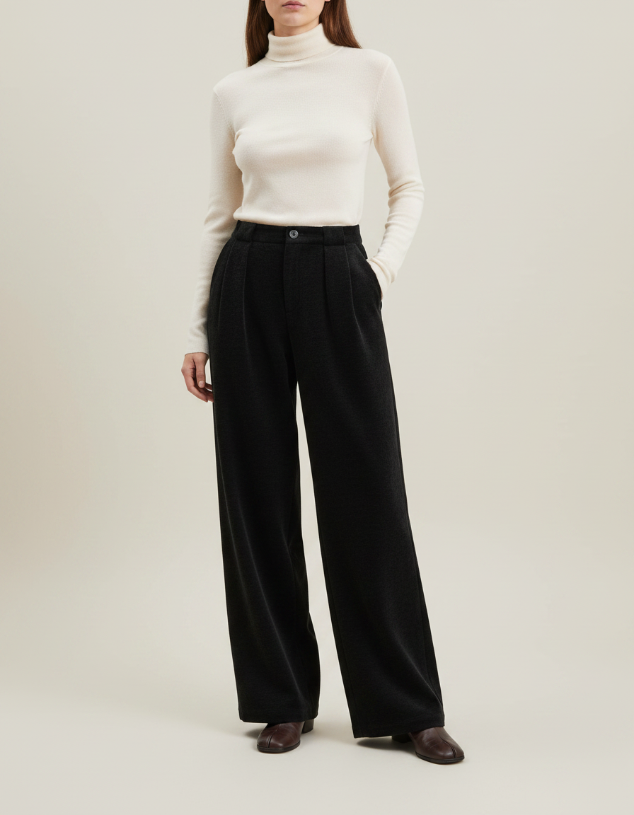 Pantalon Japonais Noir Large Plissé Élégant Fluide - Laine