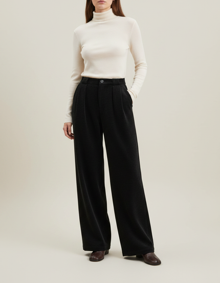 Pantalon Japonais Noir Large Plissé Élégant Fluide - Laine
