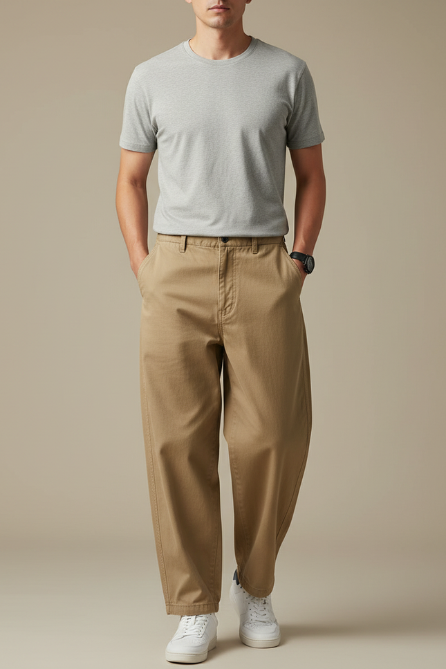 Pantalon Japonais Large Beige Coton Décontracté