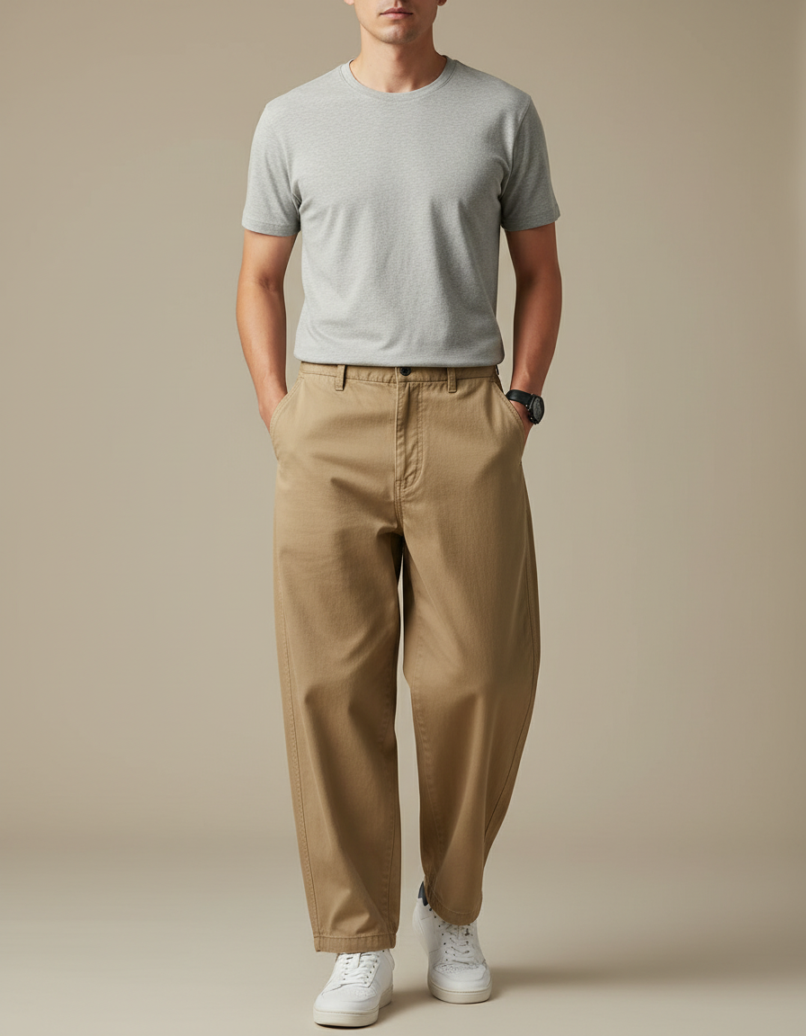 Pantalon Japonais Large Beige Coton Décontracté