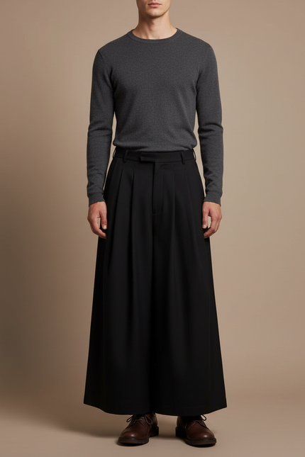 Pantalon Japonais Noir Ample Plissé Fluide Unisexe - Polyester