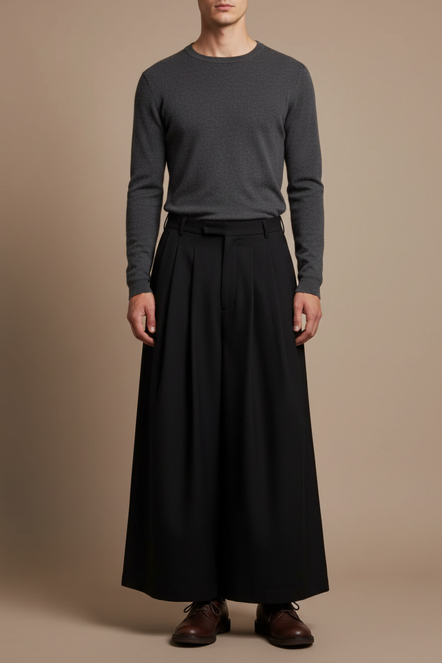 Pantalon Japonais Noir Ample Plissé Fluide Unisexe - Polyester