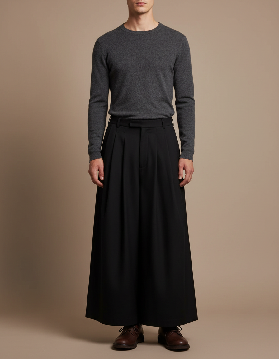 Pantalon Japonais Noir Ample Plissé Fluide Unisexe - Polyester