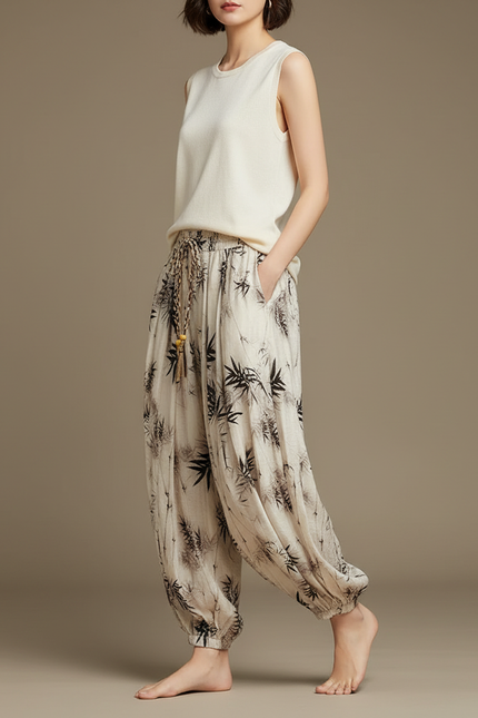 Pantalon Japonais Sarouel Ample Bambou Lin Beige Femme