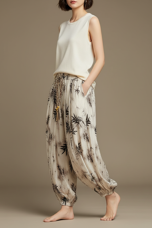 Pantalon Japonais Sarouel Ample Bambou Lin Beige Femme