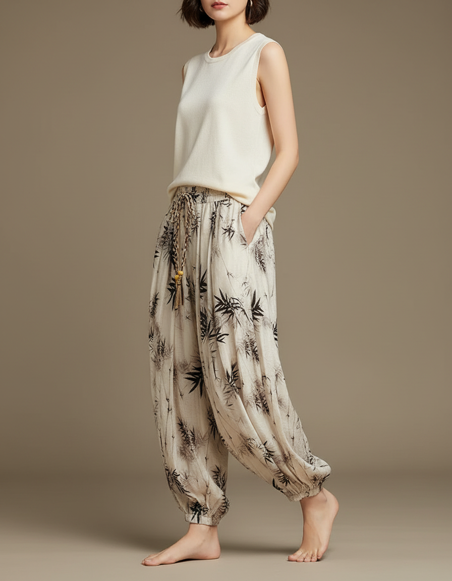 Pantalon Japonais Sarouel Ample Bambou Lin Beige Femme