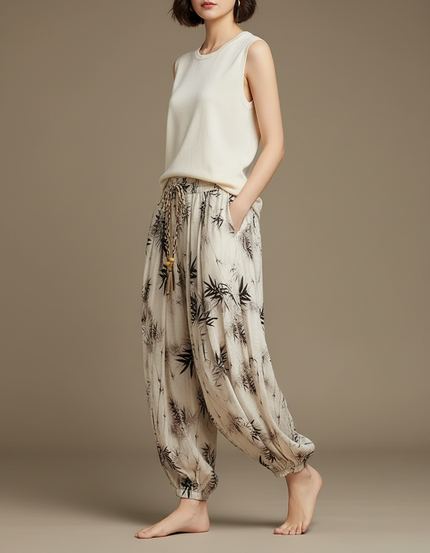 Pantalon Japonais Sarouel Ample Bambou Lin Beige Femme