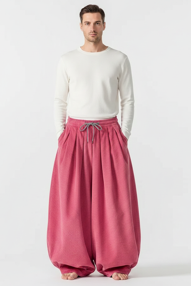 Pantalon Japonais En Velours - Rose Cordé
