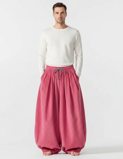 Pantalon Japonais En Velours - Rose Cordé