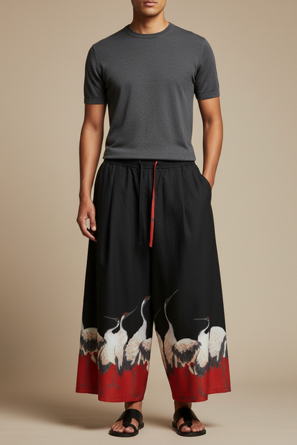 Pantalon Japonais Noir Ample Grue Rouge Fluide - Viscose