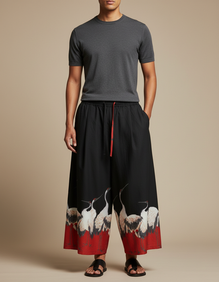 Pantalon Japonais Noir Ample Grue Rouge Fluide - Viscose