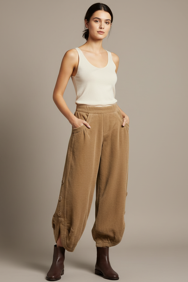 Pantalon Japonais Corduroy Marron Ample Boutons - Cordé
