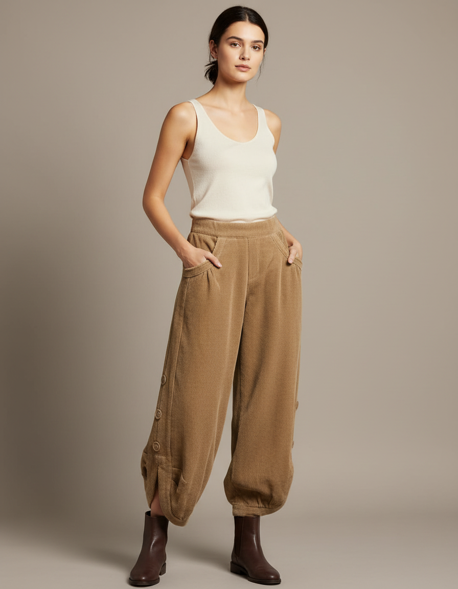 Pantalon Japonais Corduroy Marron Ample Boutons - Cordé