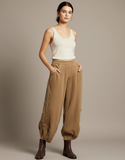 Pantalon Japonais Corduroy Marron Ample Boutons - Cordé