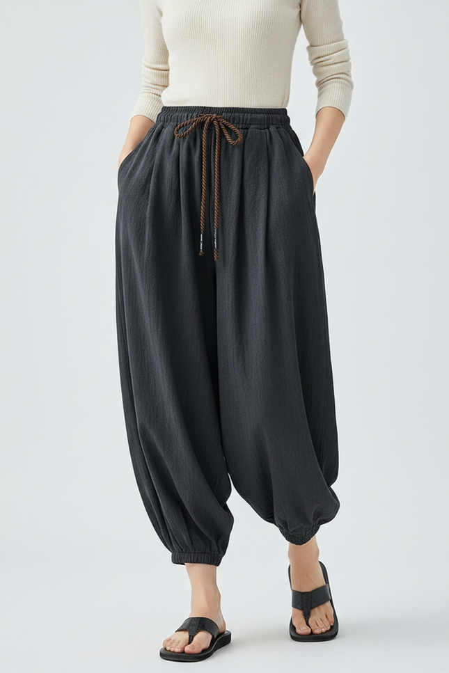 Pantalon Japonais Noir Ample Coton Sarouel Décontracté Homme