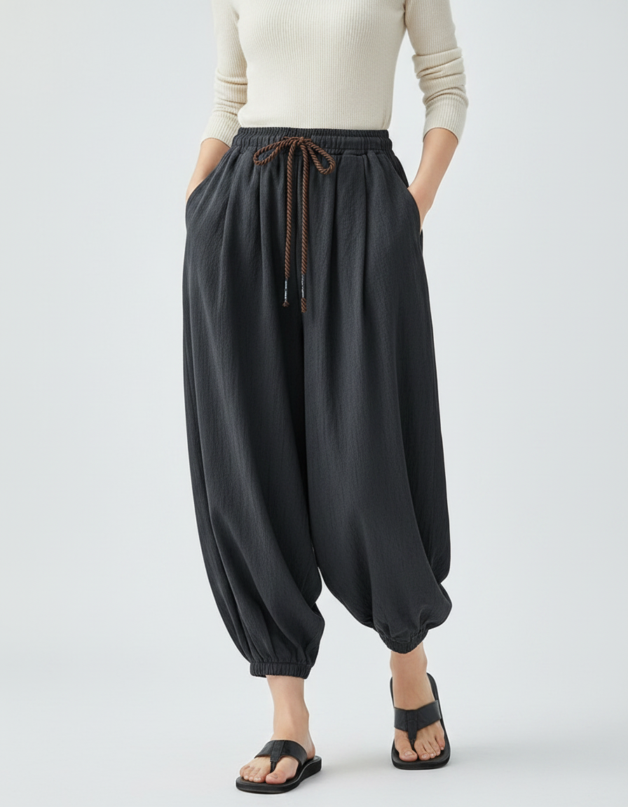 Pantalon Japonais Noir Ample Coton Sarouel Décontracté Homme