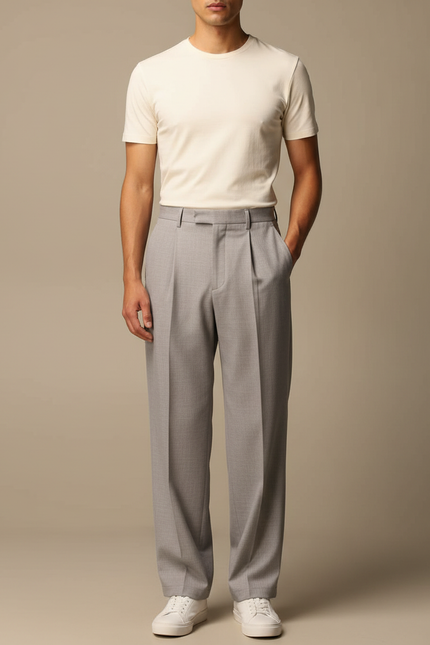 Pantalon Japonais Gris Droit Ample Élégant Homme - Gabardine
