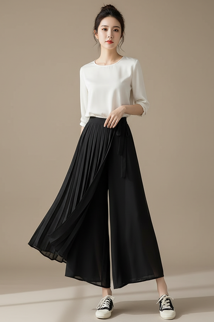 Pantalon Japonais Noir Plissé Fluide Élégant - Polyester