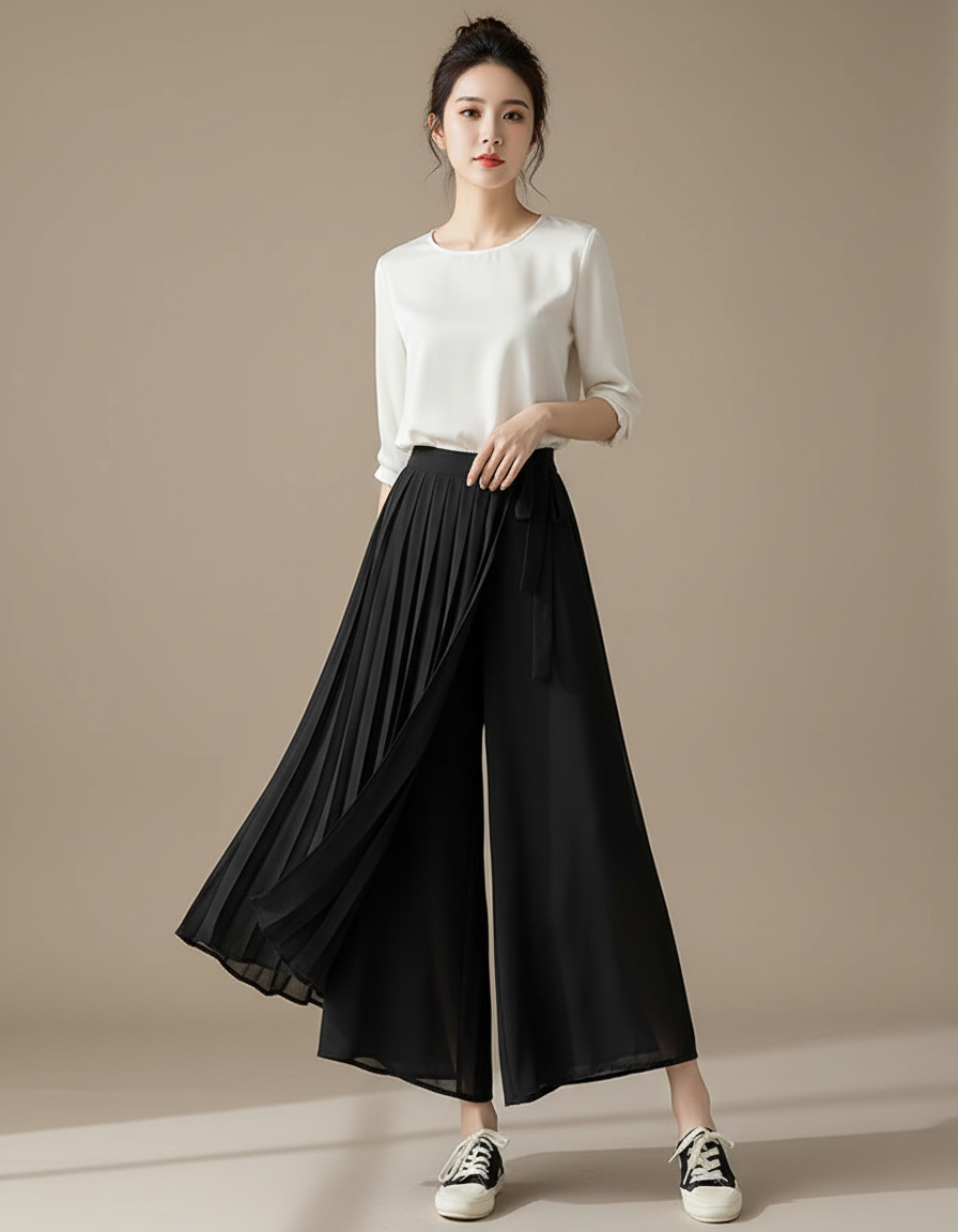 Pantalon Japonais Noir Plissé Fluide Élégant - Polyester