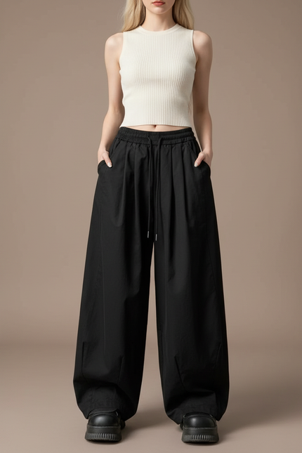 Pantalon Japonais Noir Large Décontracté Fluide Femme - Polyester