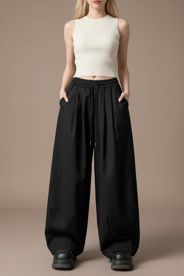 Pantalon Japonais Noir Large Décontracté Fluide Femme - Polyester