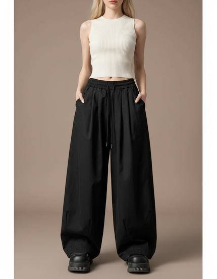 Pantalon Japonais Noir Large Décontracté Fluide Femme - Polyester