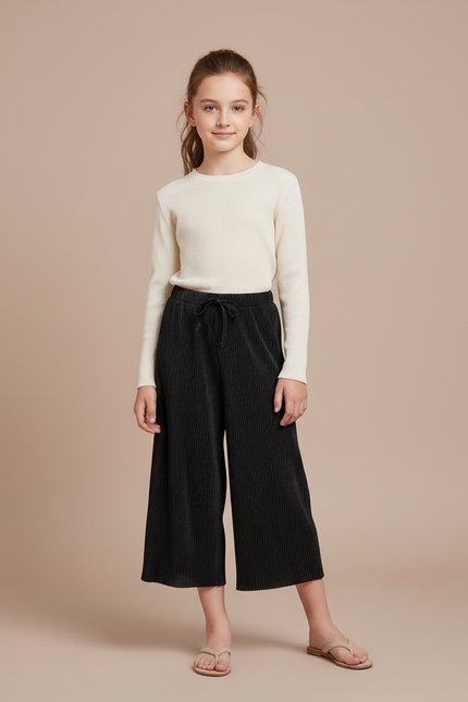 Pantalon Japonais Noir Plissé Ample Décontracté Fille - Cordé
