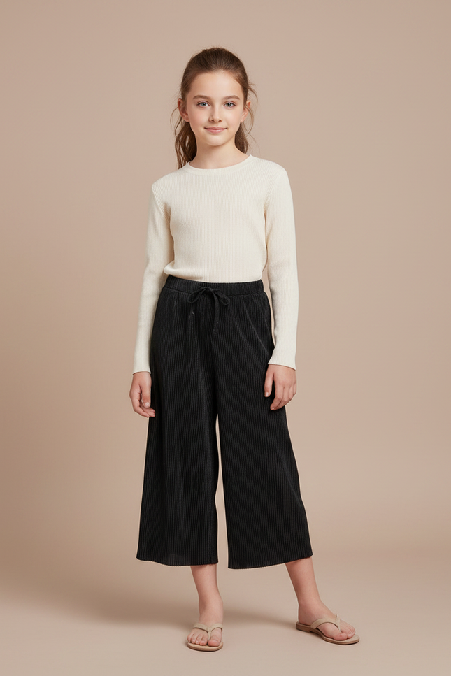 Pantalon Japonais Noir Plissé Ample Décontracté Fille - Cordé