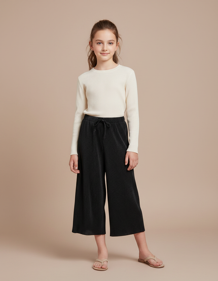 Pantalon Japonais Noir Plissé Ample Décontracté Fille - Cordé