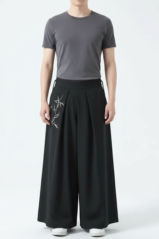 Pantalon Japonais Noir Ample Plissé Brodé Homme - Polyester