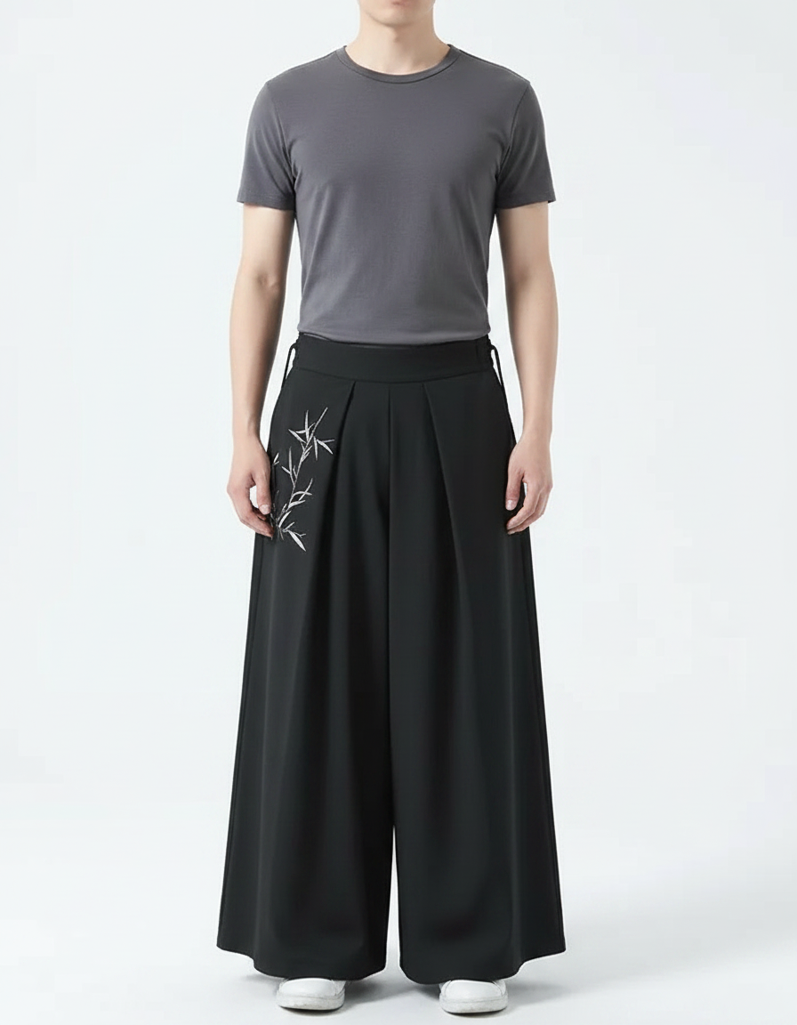 Pantalon Japonais Noir Ample Plissé Brodé Homme - Polyester
