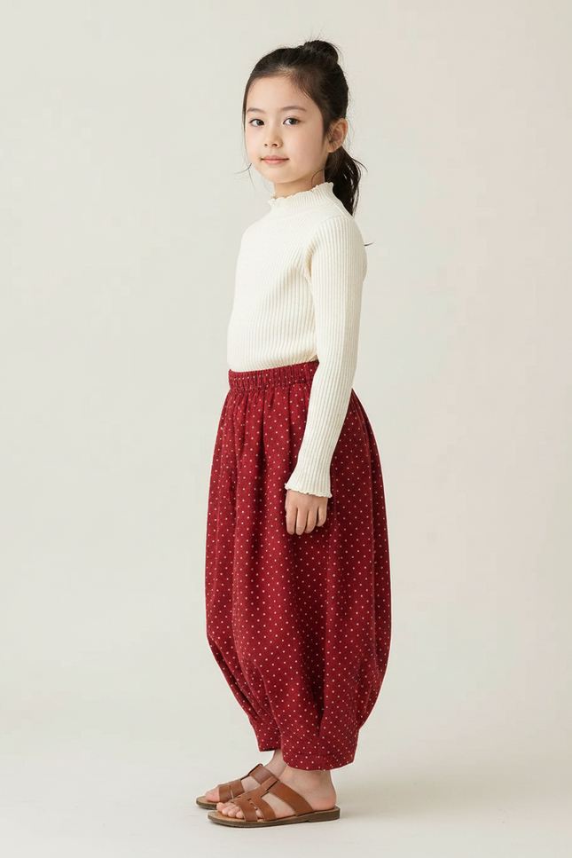 Pantalon Japonais Rouge Ample Coton Points Fille