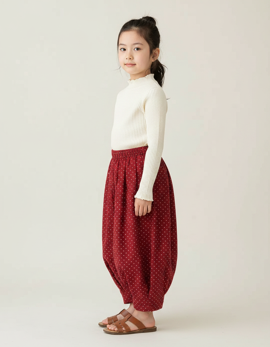 Pantalon Japonais Rouge Ample Coton Points Fille