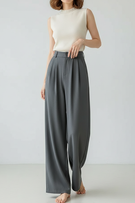 Pantalon Japonais Gris Anthracite Ample Plissé Confortable - Polyester