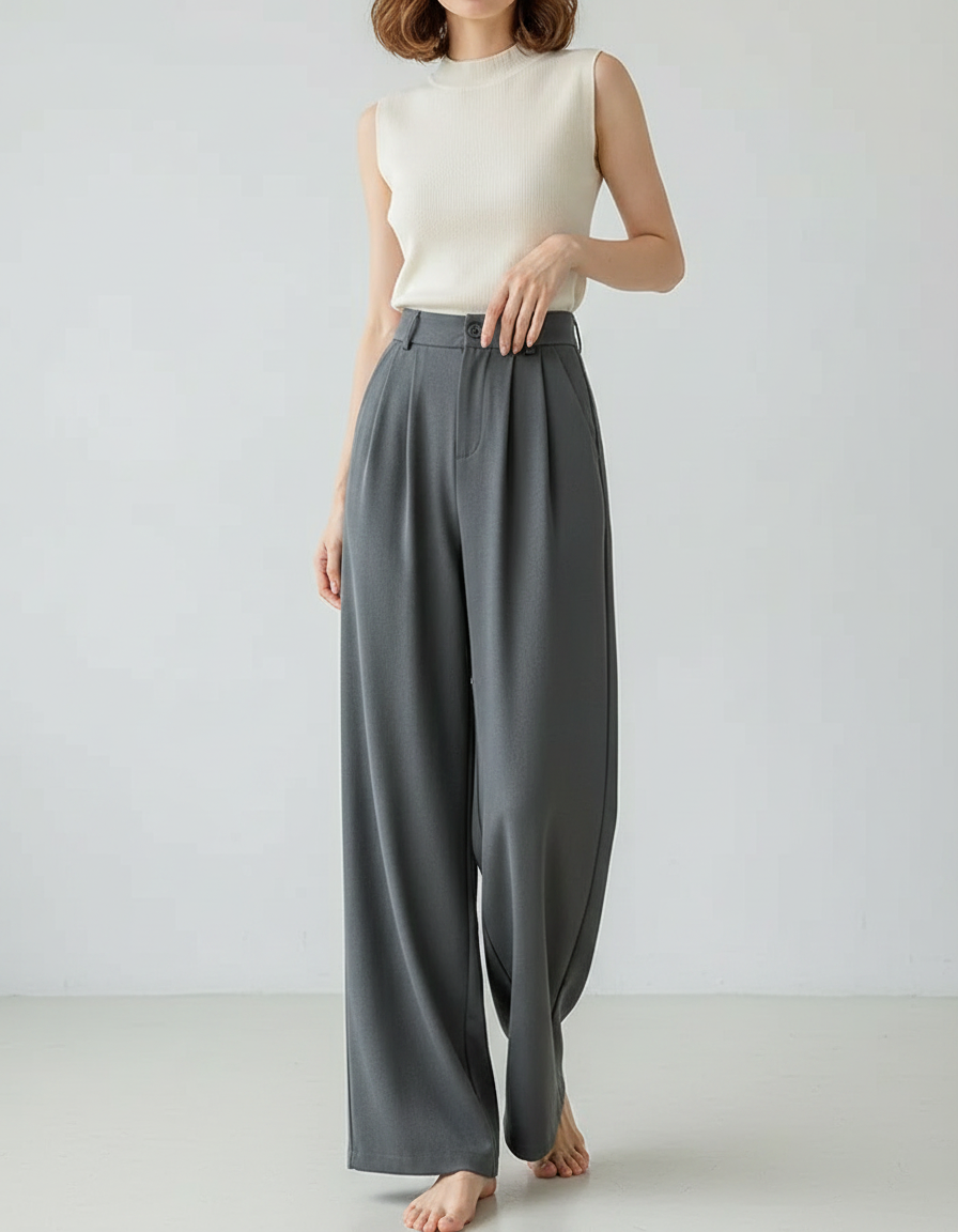 Pantalon Japonais Gris Anthracite Ample Plissé Confortable - Polyester