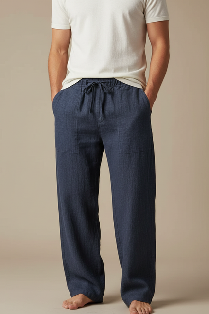 Pantalon Japonais Bleu Marine Ample Lin Coton Homme