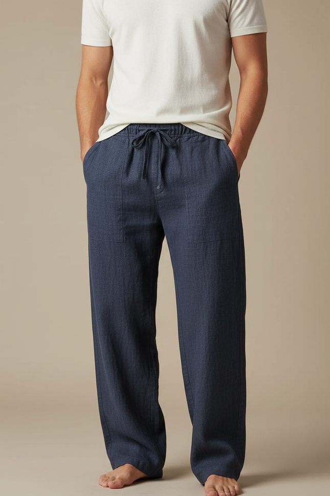Pantalon Japonais Bleu Marine Ample Lin Coton Homme
