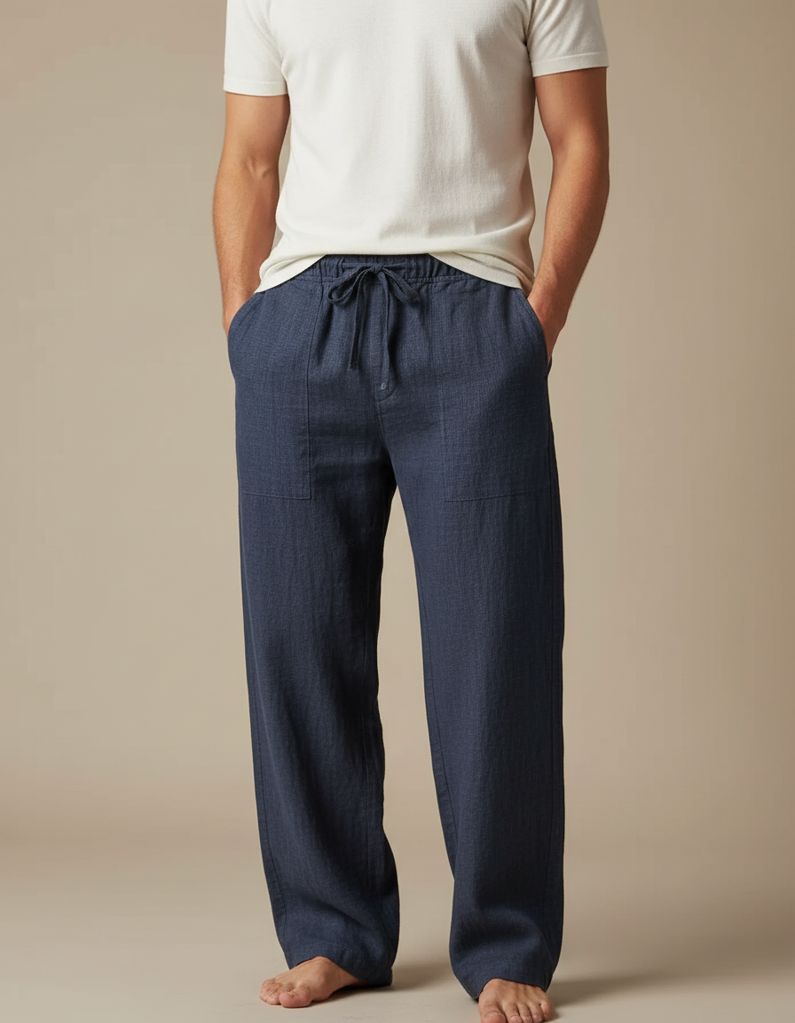 Pantalon Japonais Bleu Marine Ample Lin Coton Homme