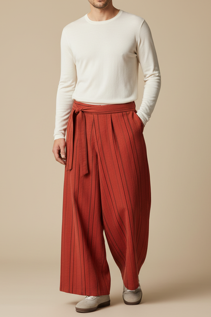 Pantalon Japonais Ample Rayé Coton Ceinturé Marron - Gabardine