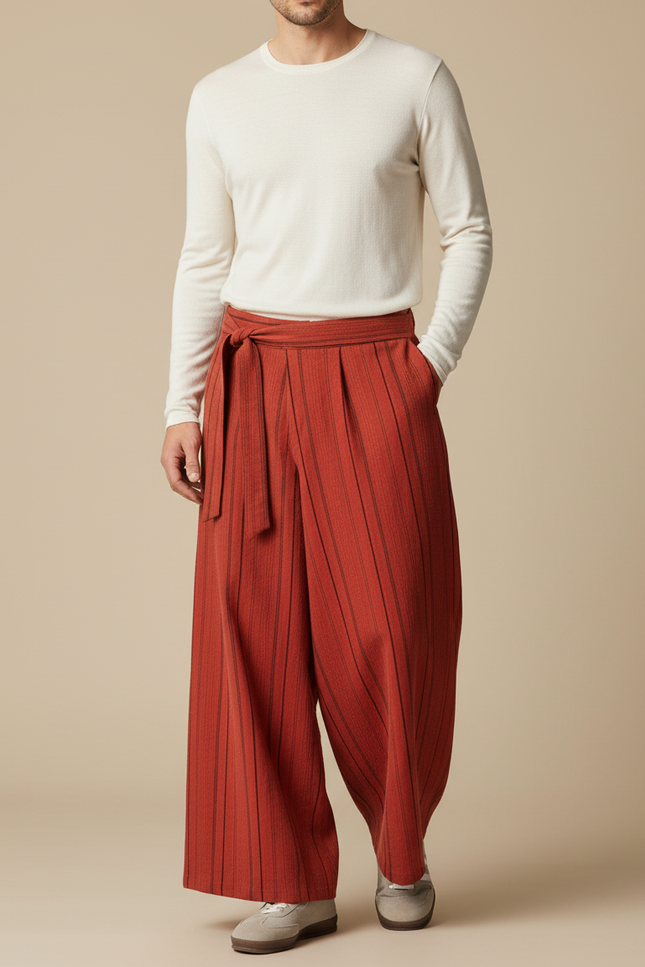 Pantalon Japonais Ample Rayé Coton Ceinturé Marron - Gabardine