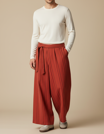 Pantalon Japonais Ample Rayé Coton Ceinturé Marron - Gabardine