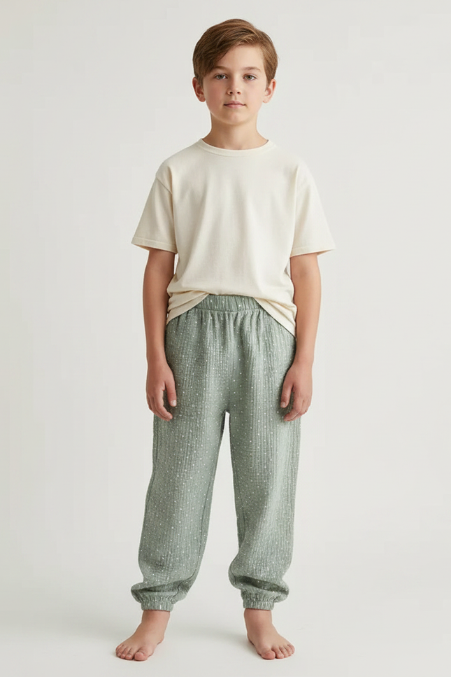 Pantalon Japonais Vert Ample Coton Enfant Points Blancs
